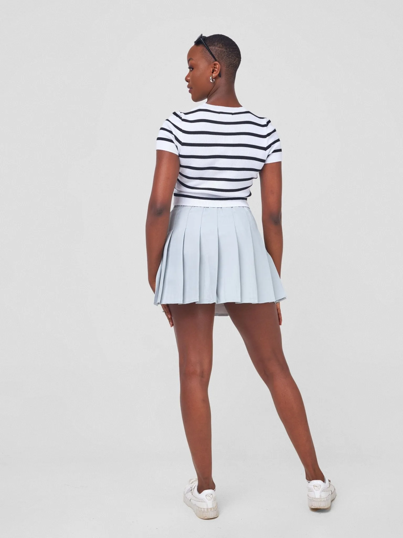 Anika Skater Stitched Down Pleated Skirt - Sky Blue