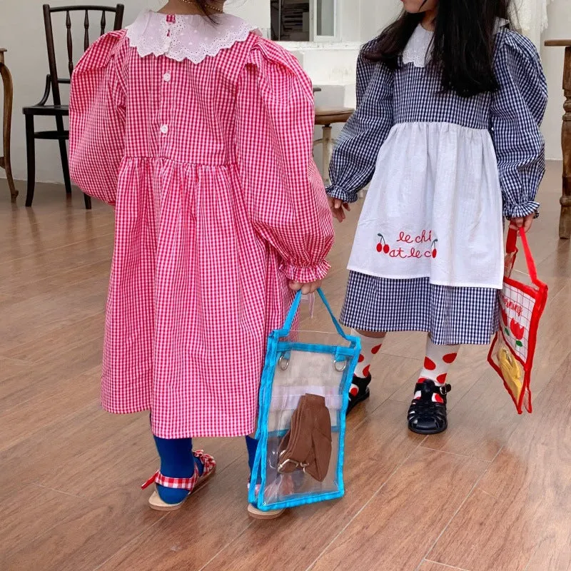 Baby Kid Girls Checked Lace Embroidered Princess Dresses