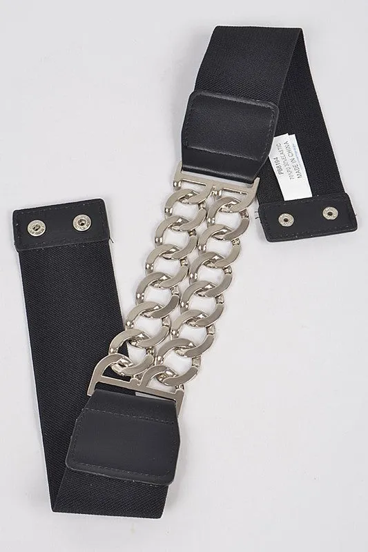 Metal Linked Buckle Elastic Belt - Black Silver