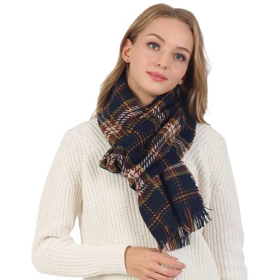 Plaid Check Patterned Fringe Oblong Scarf