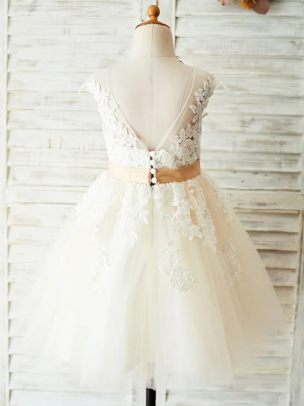 White Little Girl Dresses Sleeveless Floral Lace Tulle Wedding Party Dresses