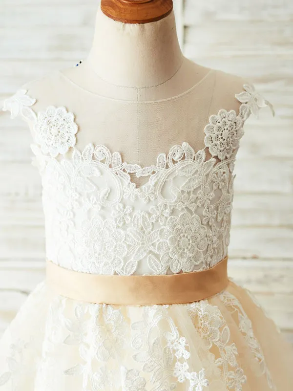 White Little Girl Dresses Sleeveless Floral Lace Tulle Wedding Party Dresses