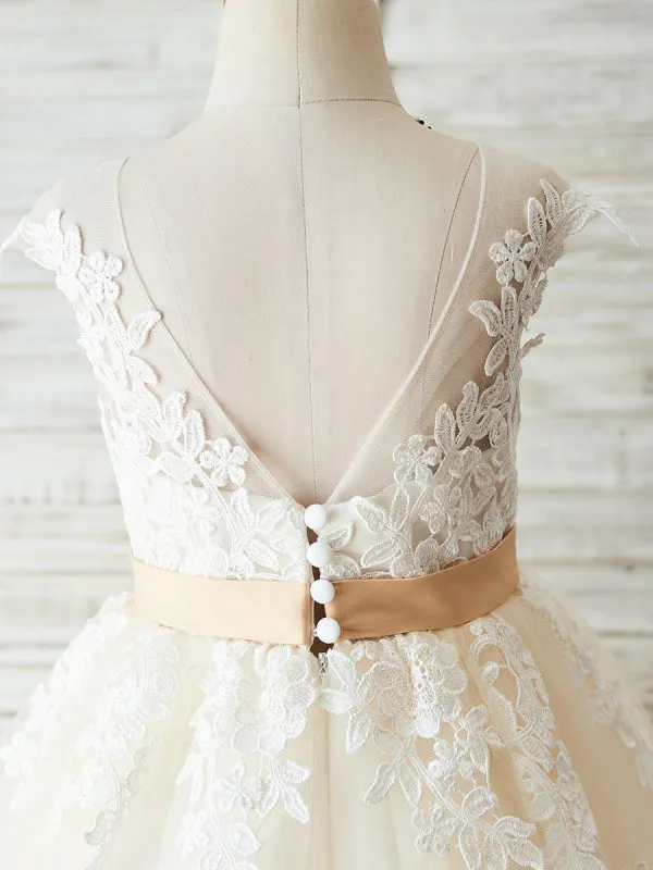 White Little Girl Dresses Sleeveless Floral Lace Tulle Wedding Party Dresses