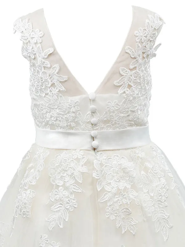 White Little Girl Dresses Sleeveless Floral Lace Tulle Wedding Party Dresses