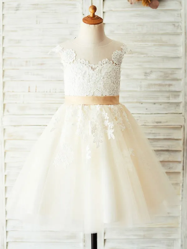 White Little Girl Dresses Sleeveless Floral Lace Tulle Wedding Party Dresses